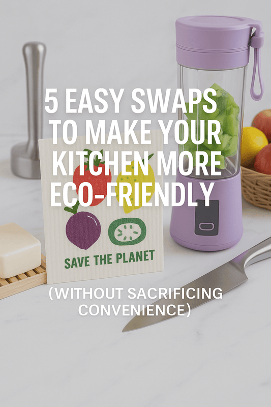 Eco-friendly kitchen items including Swedish dishcloth, soap bar, and purple portable blender with text overlay promoting sustainable swaps