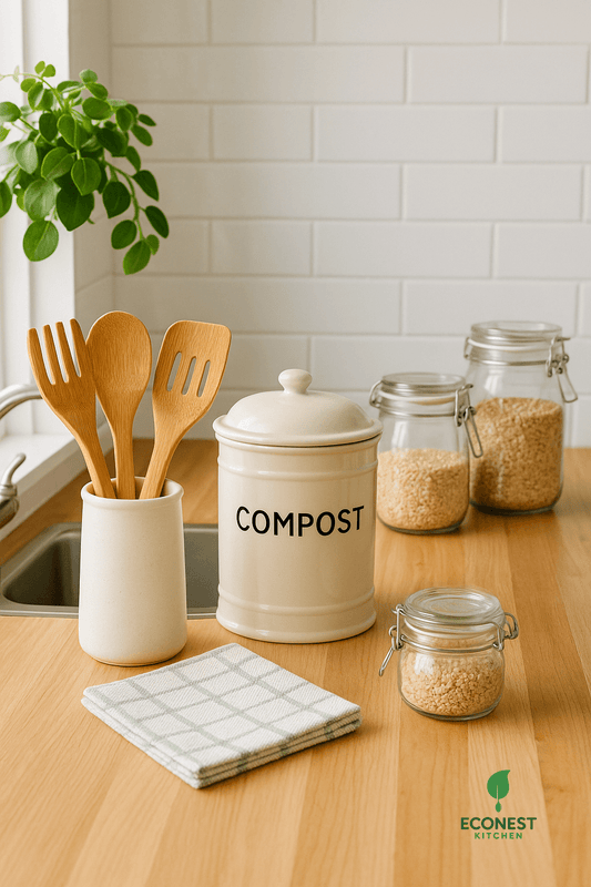 Eco-friendly kitchen with bamboo utensils, reusable dishcloths, and a stylish compost bin on a wooden countertop.