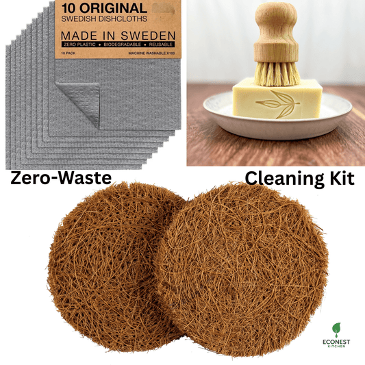 Eco-friendly zero-waste kitchen essentials including Swedish dishcloths, beeswax wraps, coconut scrubbers, and bamboo cutlery neatly arranged on a kitchen counter.