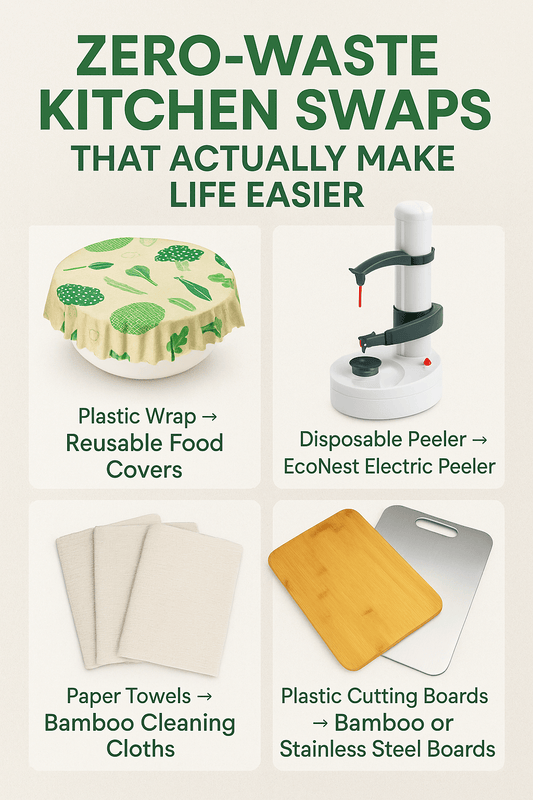 Four eco-friendly kitchen tools displayed: reusable food wrap, electric peeler, bamboo cloths, and cutting boards, highlighting zero-waste living.