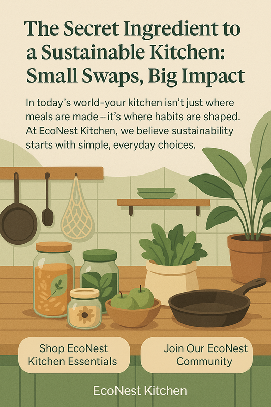 A modern eco-friendly kitchen with wooden countertops, plants, reusable jars, and sustainable cooking essentials, reflecting EcoNest Kitchen’s mission of stylish sustainability.