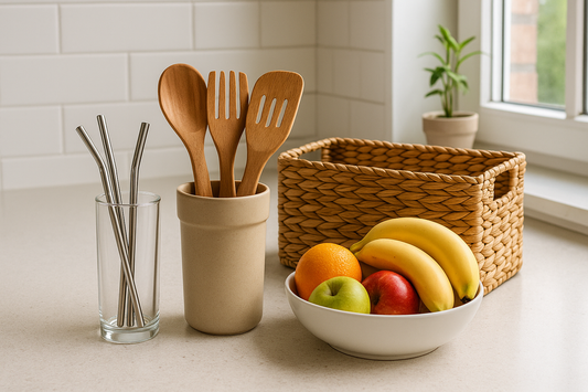 coNest Kitchen eco-friendly products on a kitchen counter, including stainless steel straws, wooden utensils, and seagrass baskets, symbolizing health and sustainability.