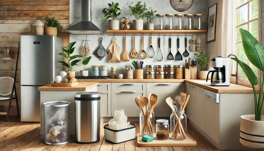 Bright modern kitchen showcasing reusable silicone food bags, beeswax wraps, bamboo utensils, and glass containers, embodying sustainable living.