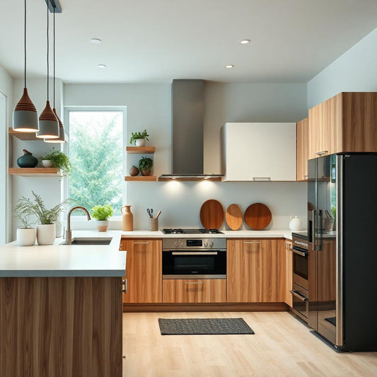 A clean, modern kitchen with natural light, eco-friendly containers, and reusable tools on the counter, reflecting a sustainable lifestyle