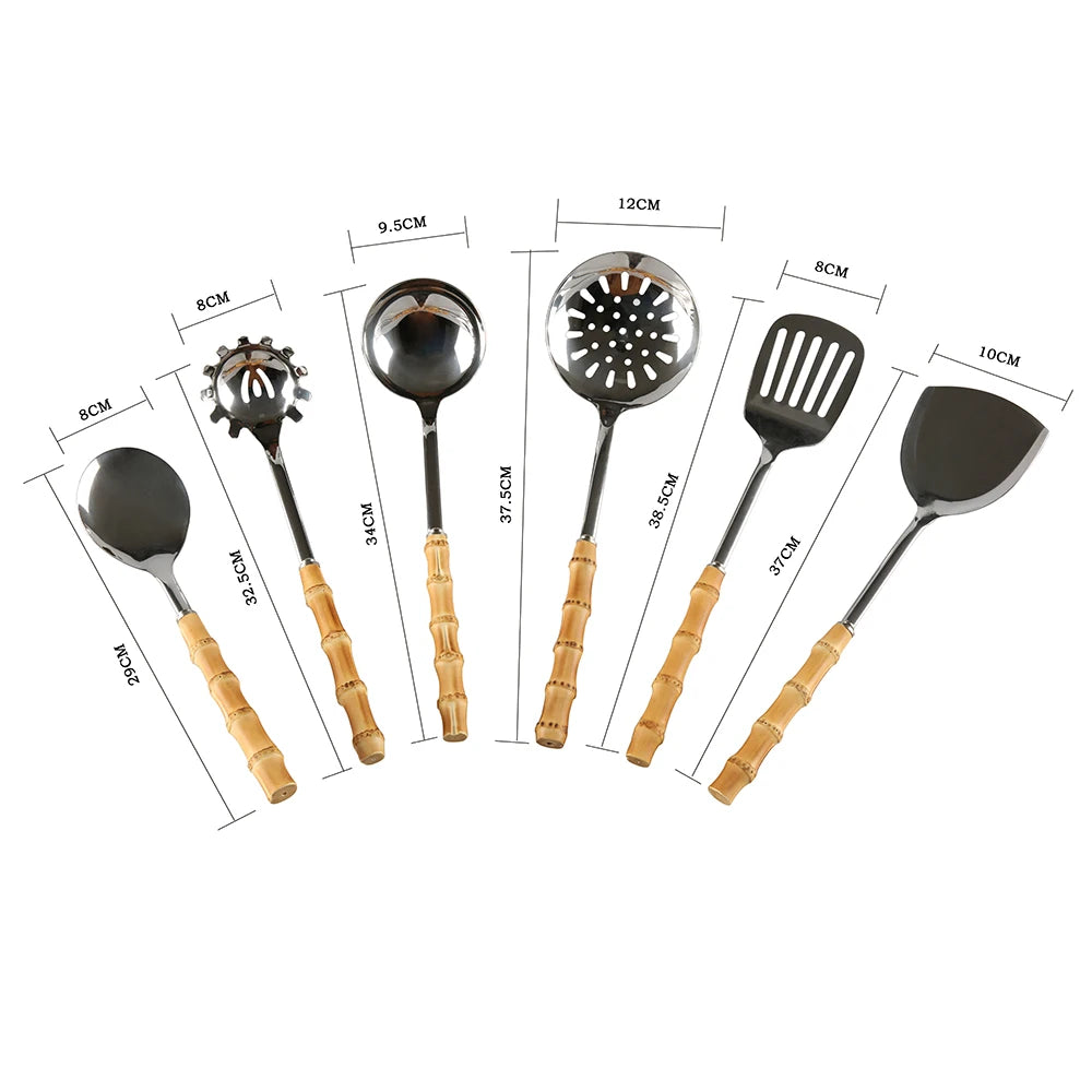 EcoNest Kitchen 6-Piece Bamboo Cooking Utensil Set featuring rice spoon, ladle, slotted spoon, turner, spatula, and pasta server