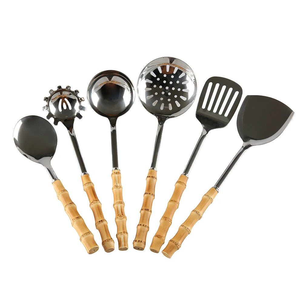 EcoNest Kitchen 6-Piece Bamboo Cooking Utensil Set featuring rice spoon, ladle, slotted spoon, turner, spatula, and pasta server