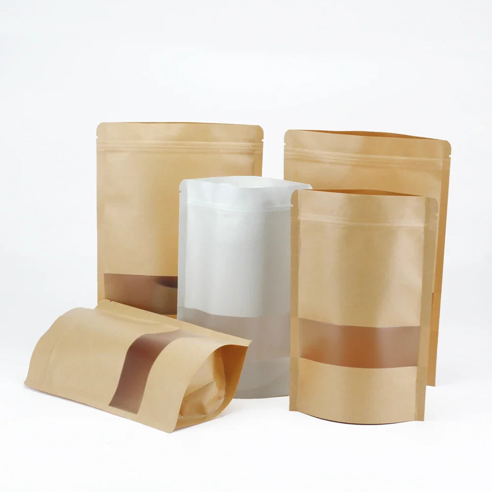 EcoNest Kitchen kraft paper zip lock bags with window, compostable and ideal for eco-friendly food storage and small business packaging.