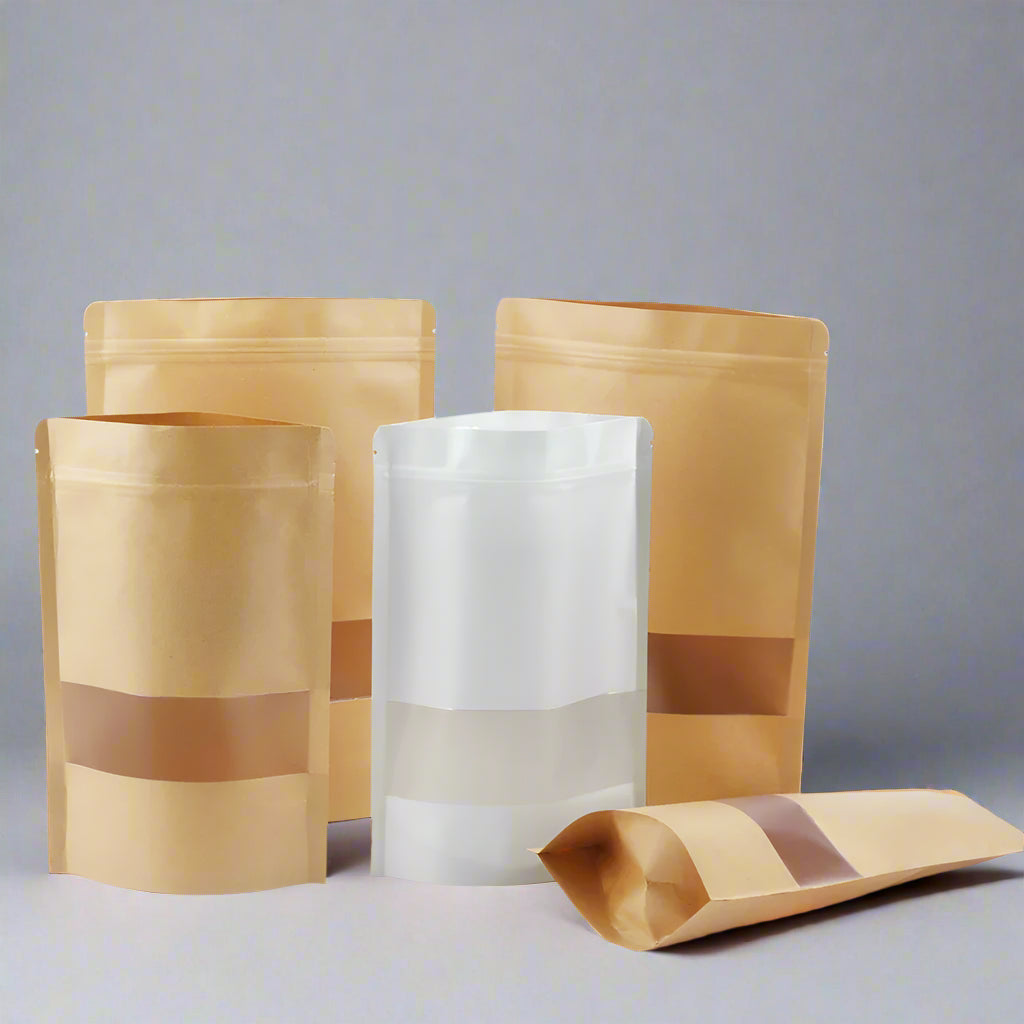 EcoNest Kitchen kraft paper zip lock bags with window, compostable and ideal for eco-friendly food storage and small business packaging.