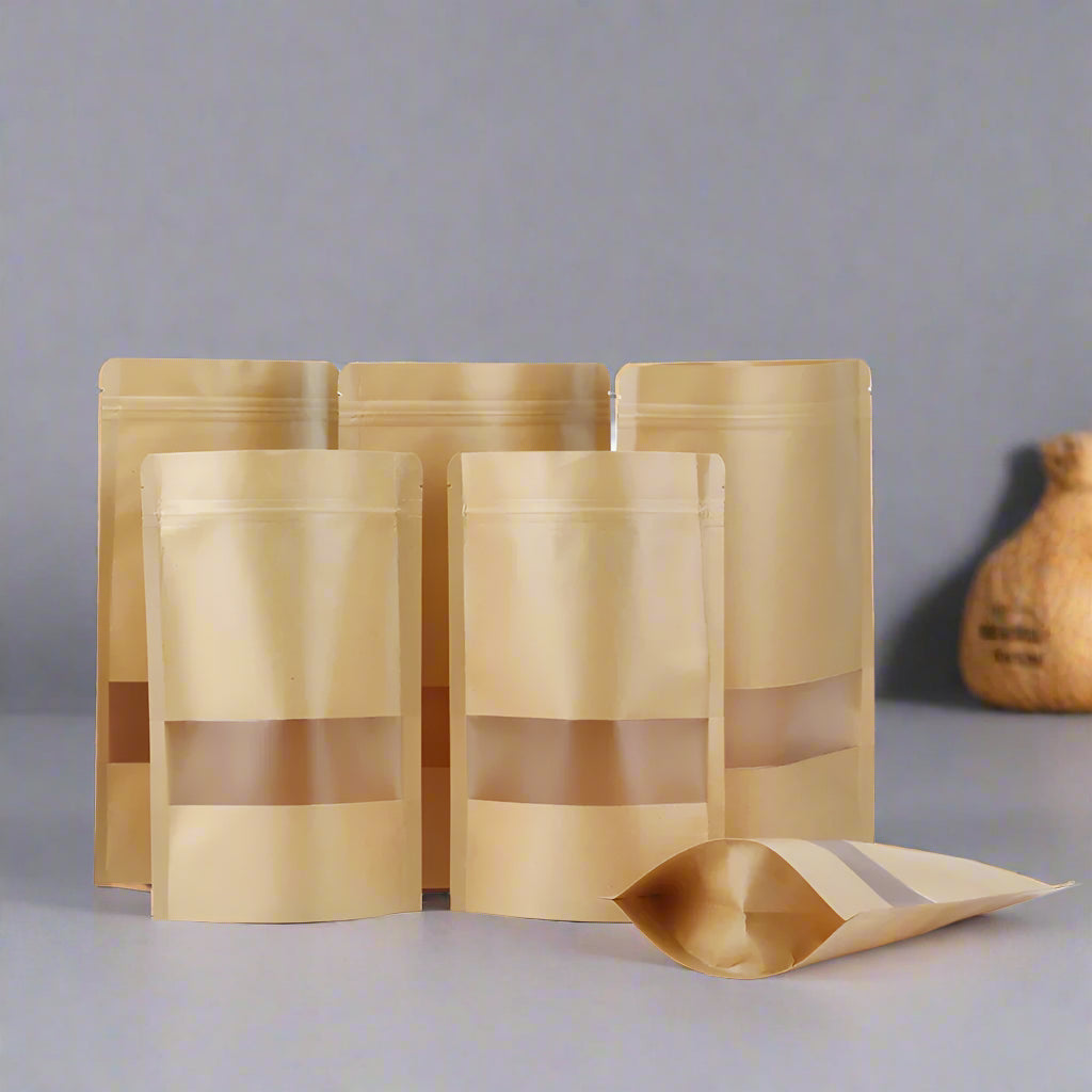 EcoNest Kitchen kraft paper zip lock bags with window, compostable and ideal for eco-friendly food storage and small business packaging.