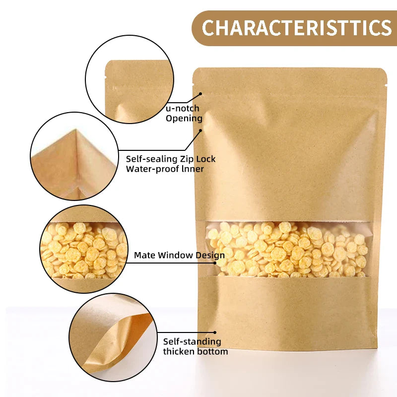 EcoNest Kitchen kraft paper zip lock bags with window, compostable and ideal for eco-friendly food storage and small business packaging.