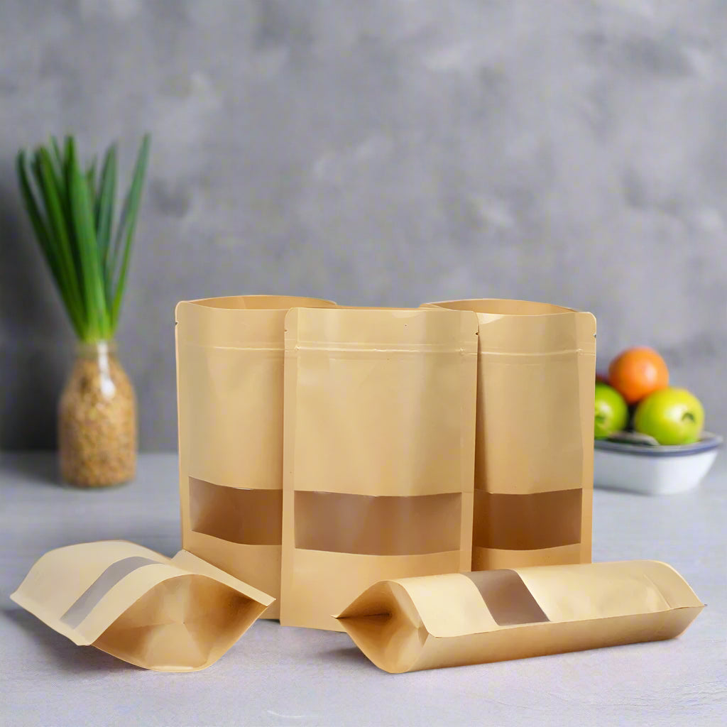 EcoNest Kitchen kraft paper zip lock bags with window, compostable and ideal for eco-friendly food storage and small business packaging.