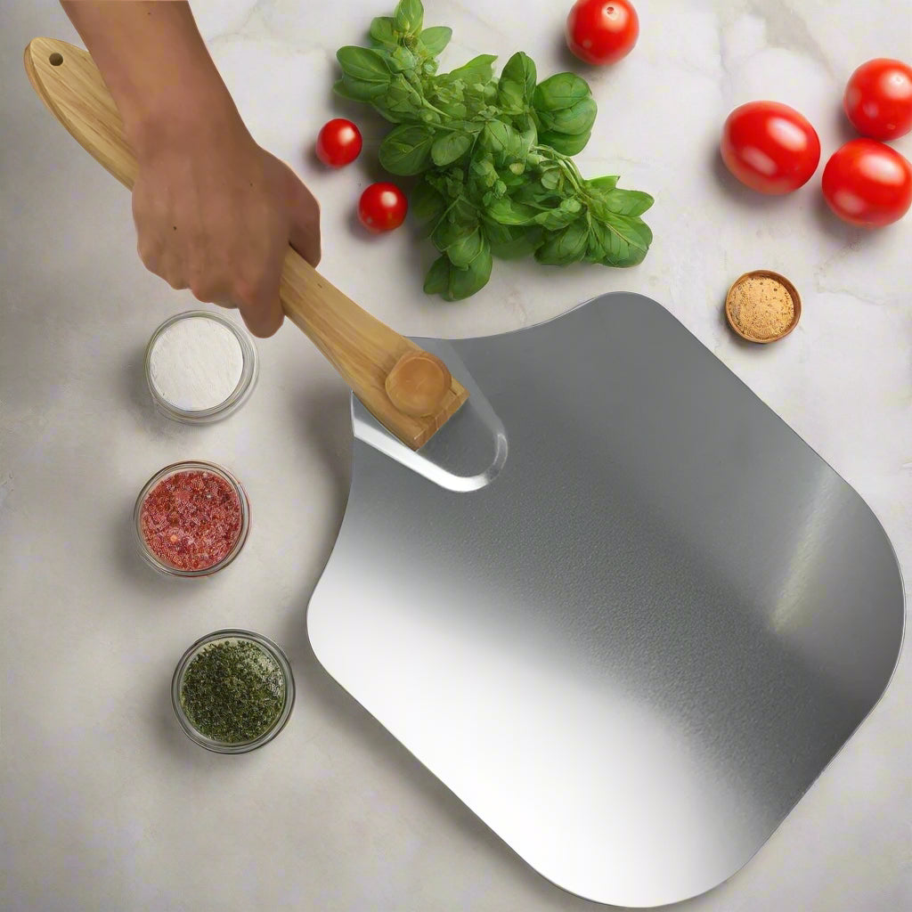 EcoNest Kitchen Pizza Oven Accessories Set featuring stainless steel pizza wheel, oven brush, rocker cutter, and peel shovel
