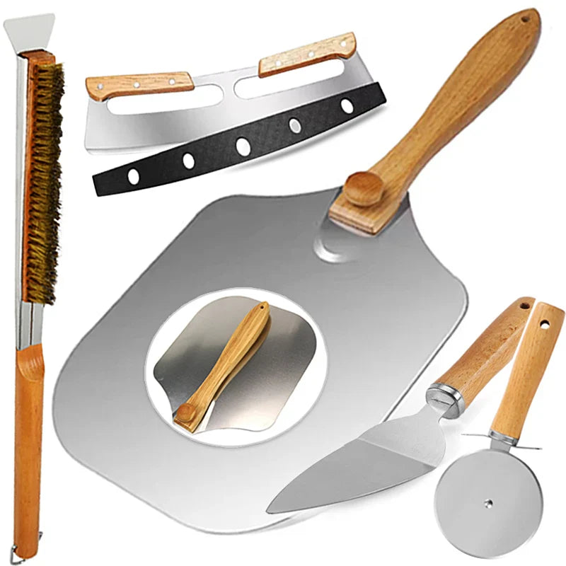EcoNest Kitchen Pizza Oven Accessories Set featuring stainless steel pizza wheel, oven brush, rocker cutter, and peel shovel