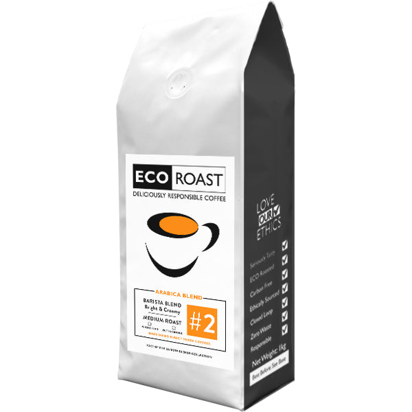 A 1kg bag of Eco Roast Blend #2 from EcoNest Kitchen's Whole Bean Barista Blends Collection, featuring 100% Arabica beans and a light, juicy roast with cranberry, sloe, and hibiscus notes.