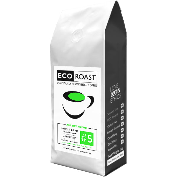A 1kg bag of Eco Roast Blend #5 from EcoNest Kitchen's Whole Bean Barista Blends Collection, featuring 100% Arabica beans and a light, juicy roast with cranberry, sloe, and hibiscus notes.
