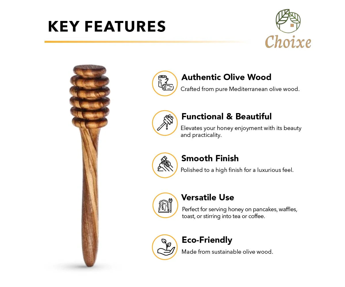 Elegant Olive Wood Honey Spoon, 6 inches long, smooth finish, eco-friendly, perfect for serving honey.