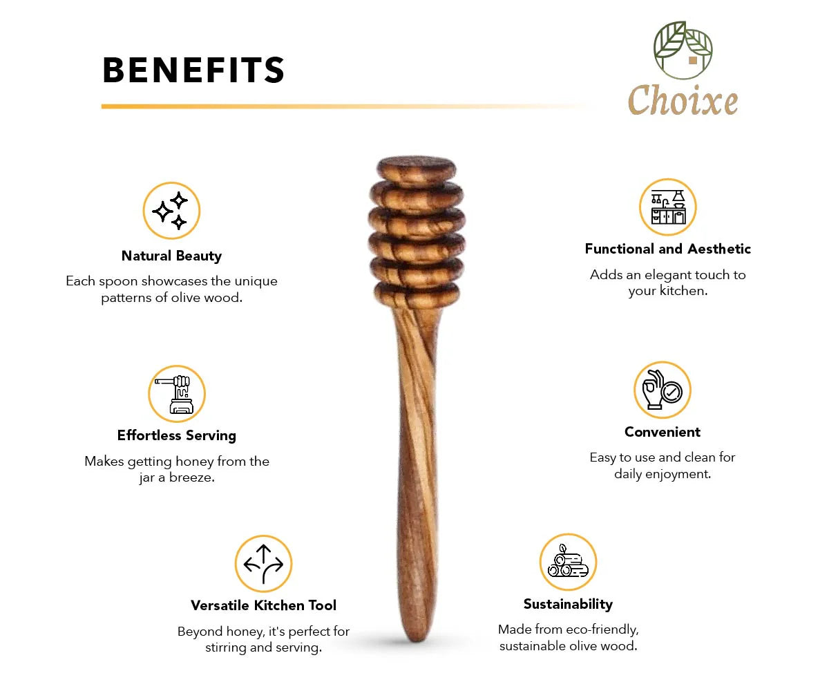 Elegant Olive Wood Honey Spoon, 6 inches long, smooth finish, eco-friendly, perfect for serving honey.