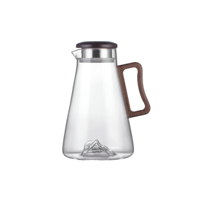 Large capacity 2000ML glass water jug with wooden handle and filter lid, heat-resistant and eco-friendly for hot or cold drinks.