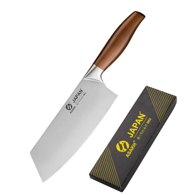 Japanese chef knife set with meat cleaver, stainless steel blades, wooden handles, eco-friendly and CE-certified for precision cooking.