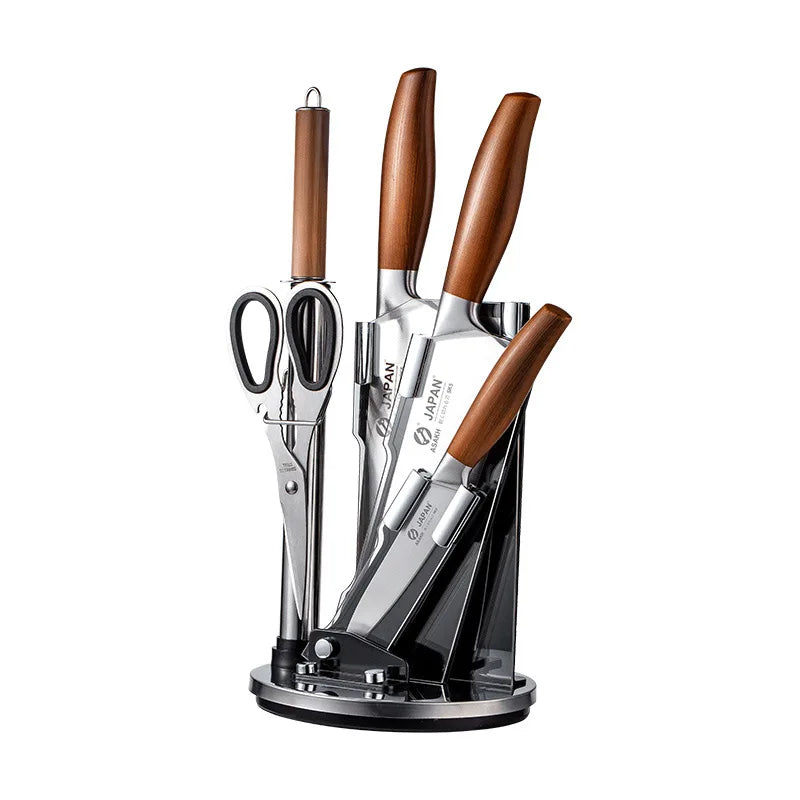 Japanese chef knife set with meat cleaver, stainless steel blades, wooden handles, eco-friendly and CE-certified for precision cooking.
