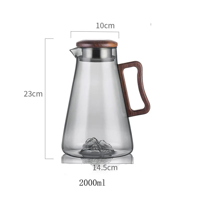 Large capacity 2000ML glass water jug with wooden handle and filter lid, heat-resistant and eco-friendly for hot or cold drinks.