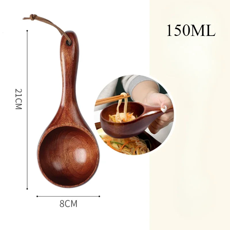 Large Japanese-style wooden spoon for ramen, rice, and water serving, made from natural safe wood, eco-friendly kitchen utensil.