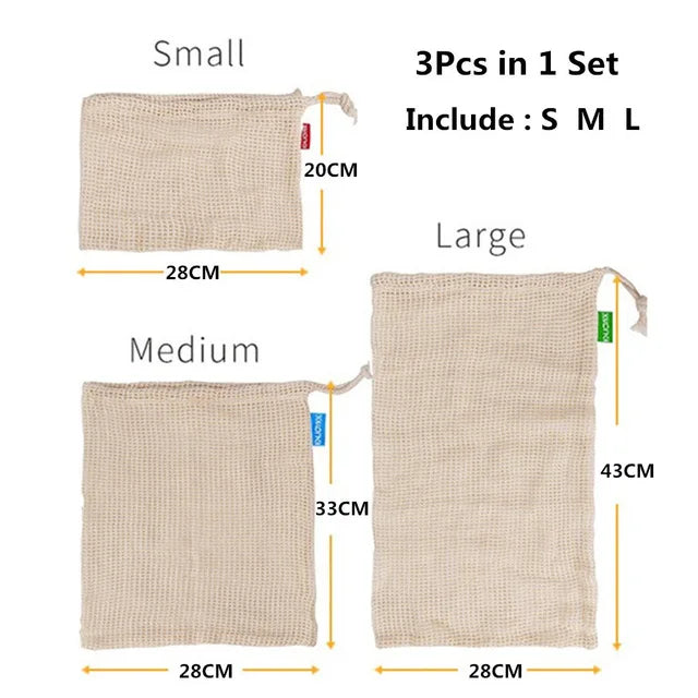 EcoNest Kitchen's JYPS Cotton Mesh Produce Bags - Reusable Eco-Friendly String Bags for Sustainable Kitchen Organization and Storage of Vegetables and Fruits.