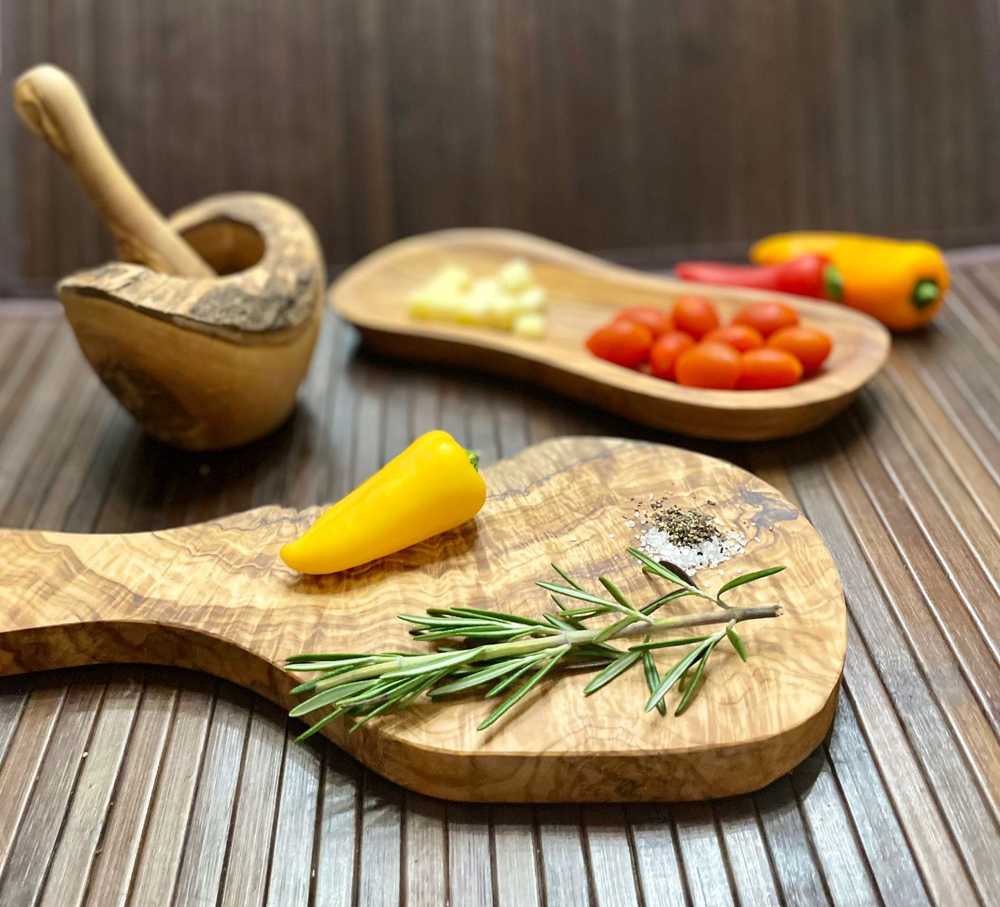 Mediterranean Olive Wood Collection - Handcrafted Mortar & Pestle, Multi-Purpose Bowl, and Cutting Board Set, Sustainable Kitchen Accessories