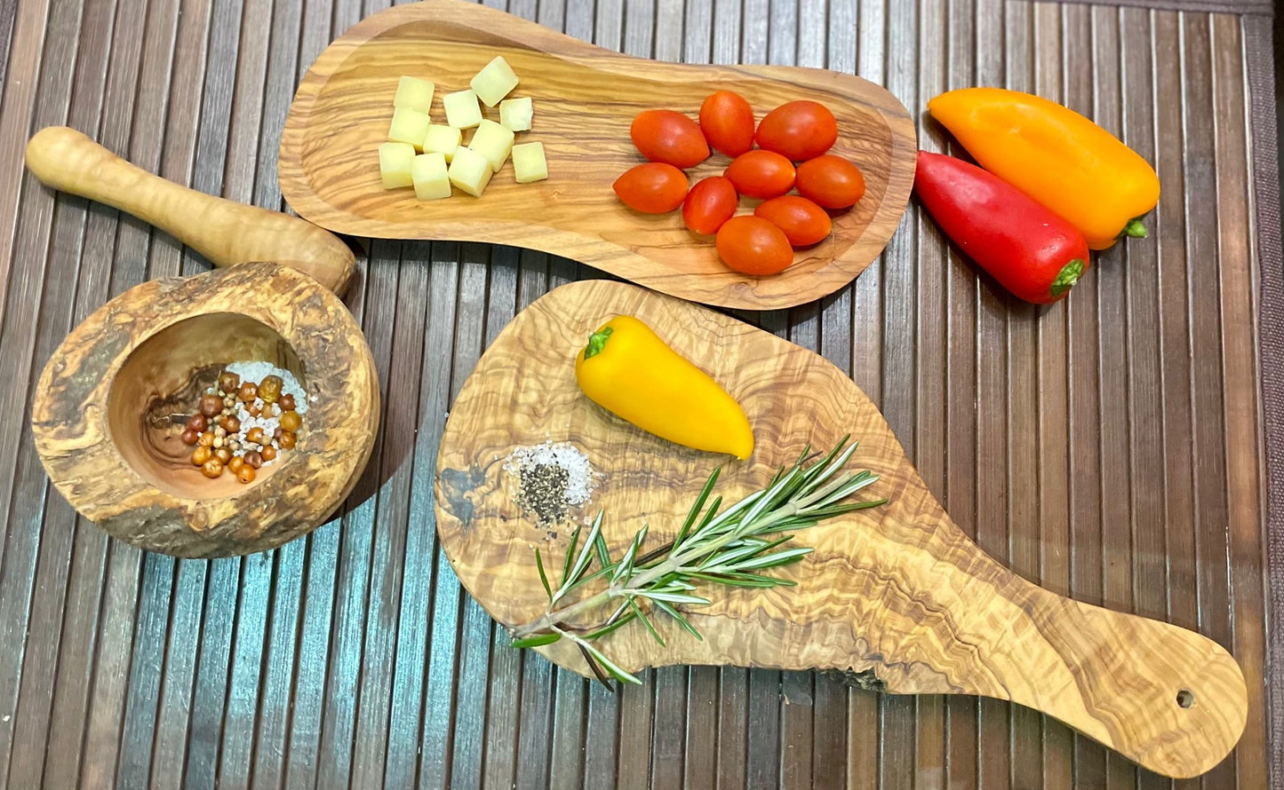 Mediterranean Olive Wood Collection - Handcrafted Mortar & Pestle, Multi-Purpose Bowl, and Cutting Board Set, Sustainable Kitchen Accessories