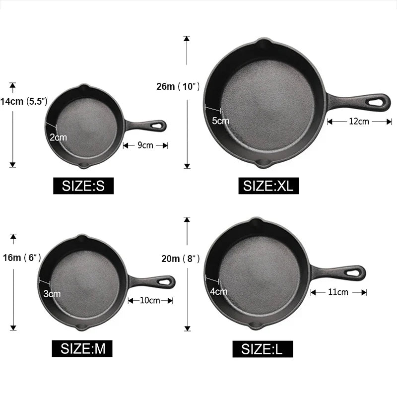 EcoNest Kitchen non-stick cast iron frying pan set with spouts, available in 14cm, 16cm, and 20cm sizes, suitable for gas and induction stoves.