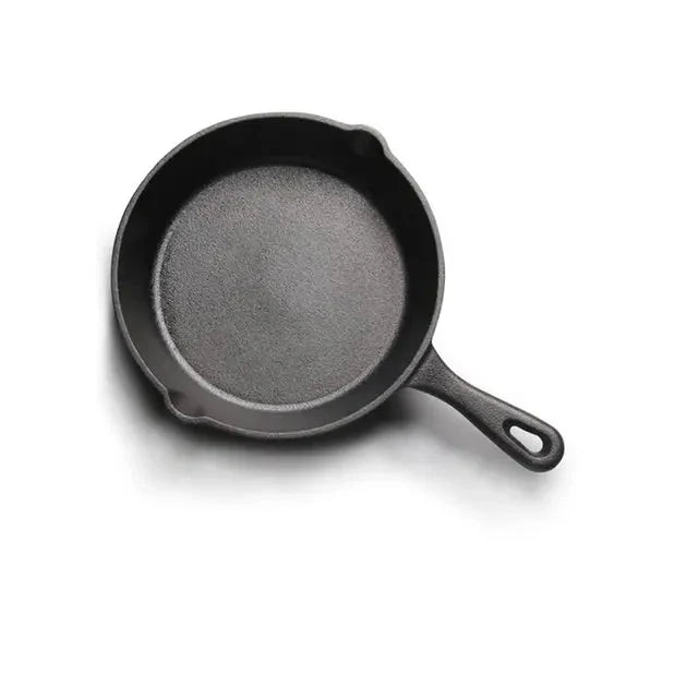 EcoNest Kitchen non-stick cast iron frying pan set with spouts, available in 14cm, 16cm, and 20cm sizes, suitable for gas and induction stoves.