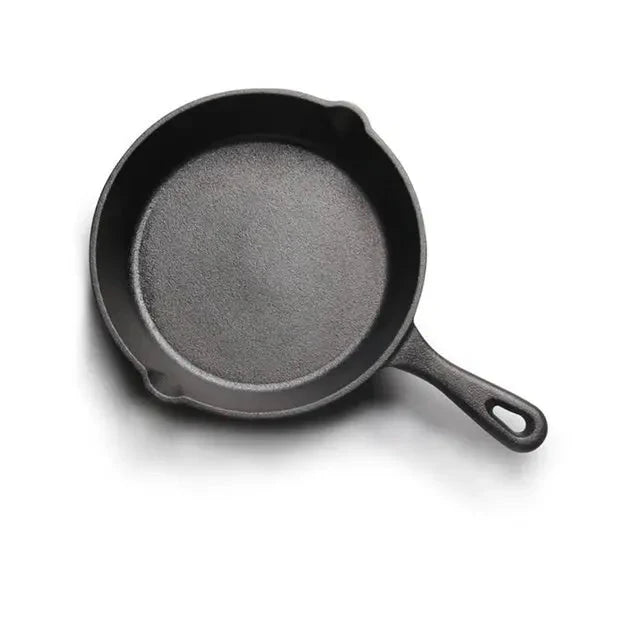 EcoNest Kitchen non-stick cast iron frying pan set with spouts, available in 14cm, 16cm, and 20cm sizes, suitable for gas and induction stoves.