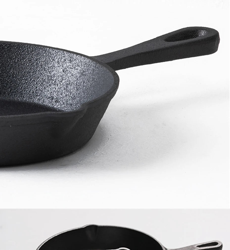 EcoNest Kitchen non-stick cast iron frying pan set with spouts, available in 14cm, 16cm, and 20cm sizes, suitable for gas and induction stoves.