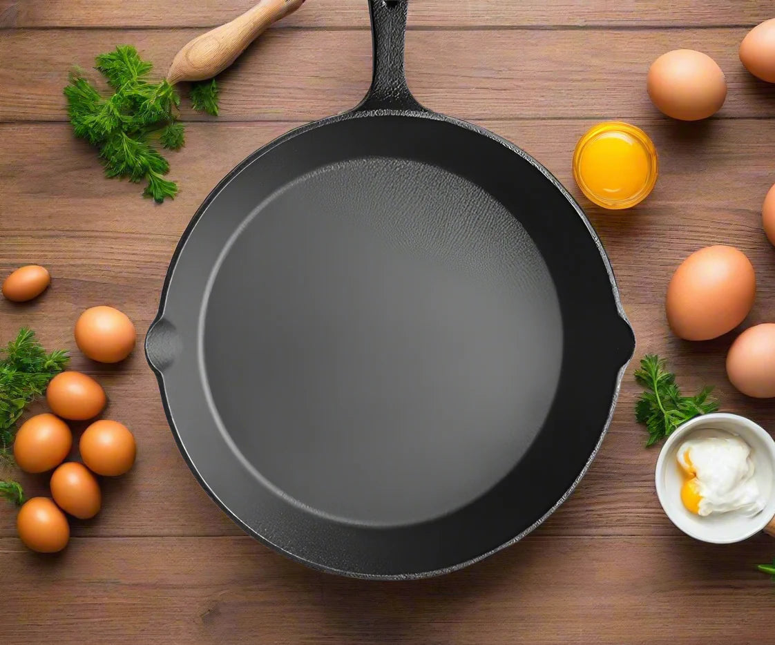 EcoNest Kitchen non-stick cast iron frying pan set with spouts, available in 14cm, 16cm, and 20cm sizes, suitable for gas and induction stoves.