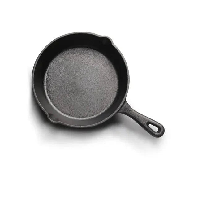 EcoNest Kitchen non-stick cast iron frying pan set with spouts, available in 14cm, 16cm, and 20cm sizes, suitable for gas and induction stoves.