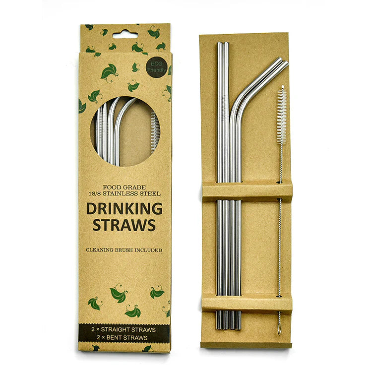 EcoNest Kitchen stainless steel drinking straw set with recyclable paper packaging, featuring durable and reusable design for eco-friendly sipping.