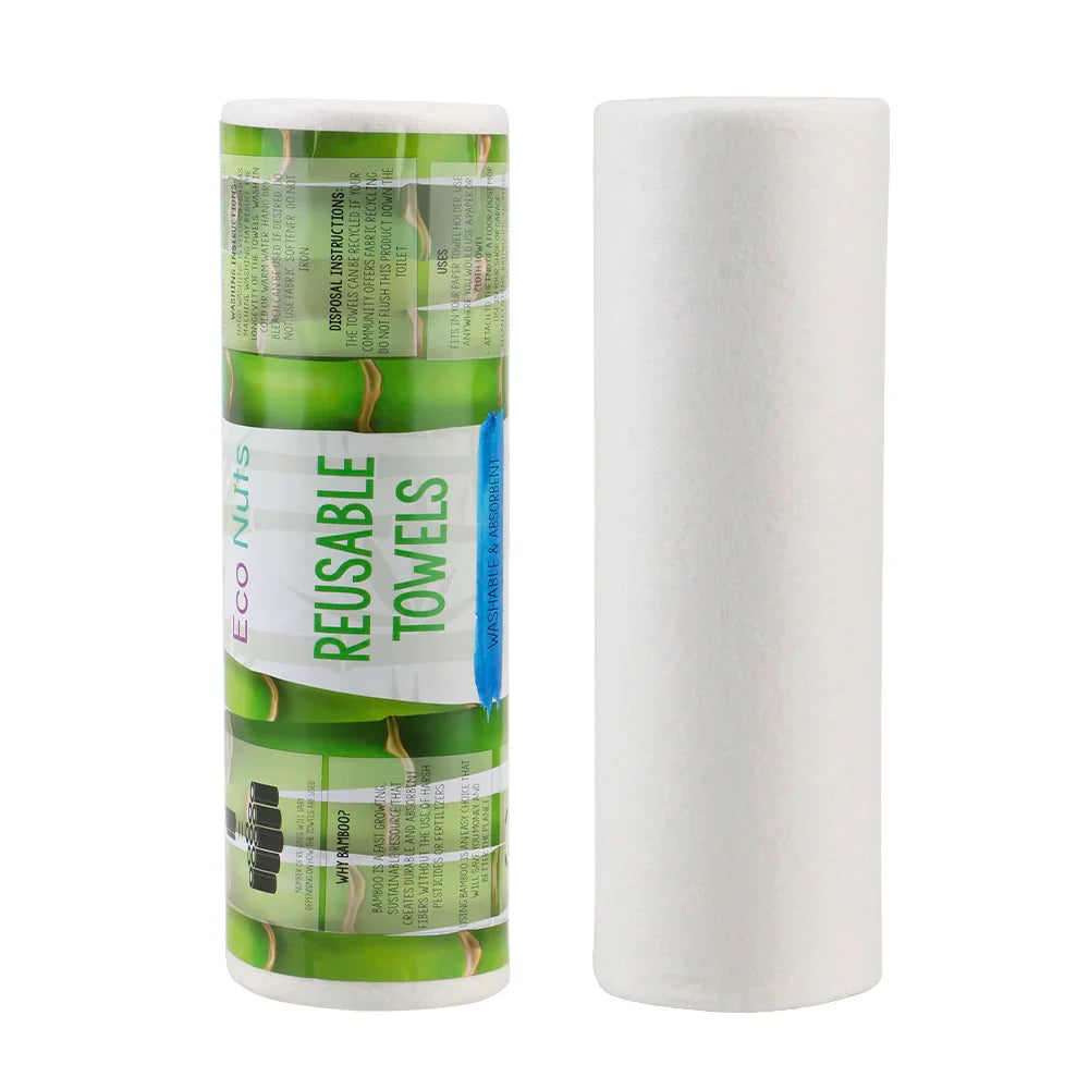 EcoNest Kitchen's roll of 25 reusable bamboo cleaning cloths next to a kitchen sink with soapy dishes