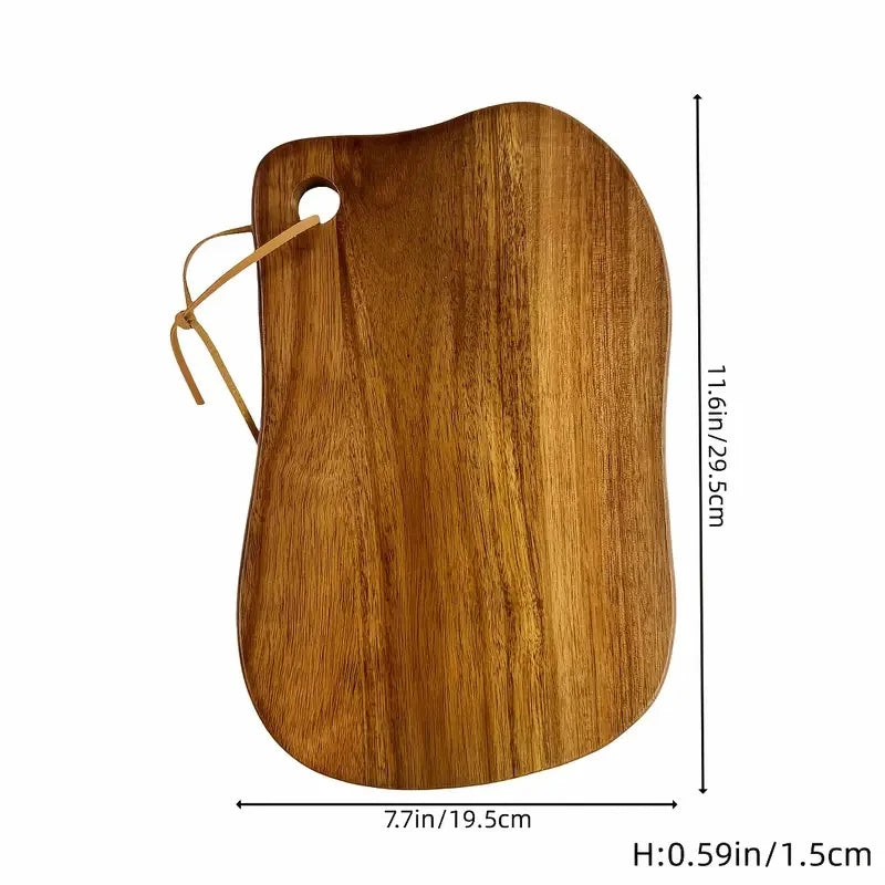 Wooden cutting board with measurements on a white background