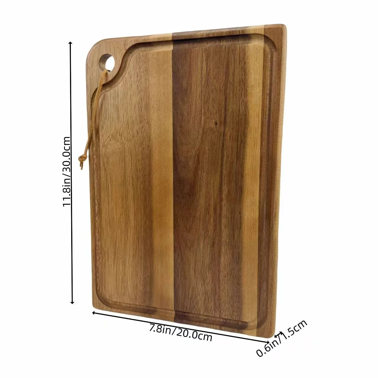 Wooden cutting board with dimensions indicated on a white background