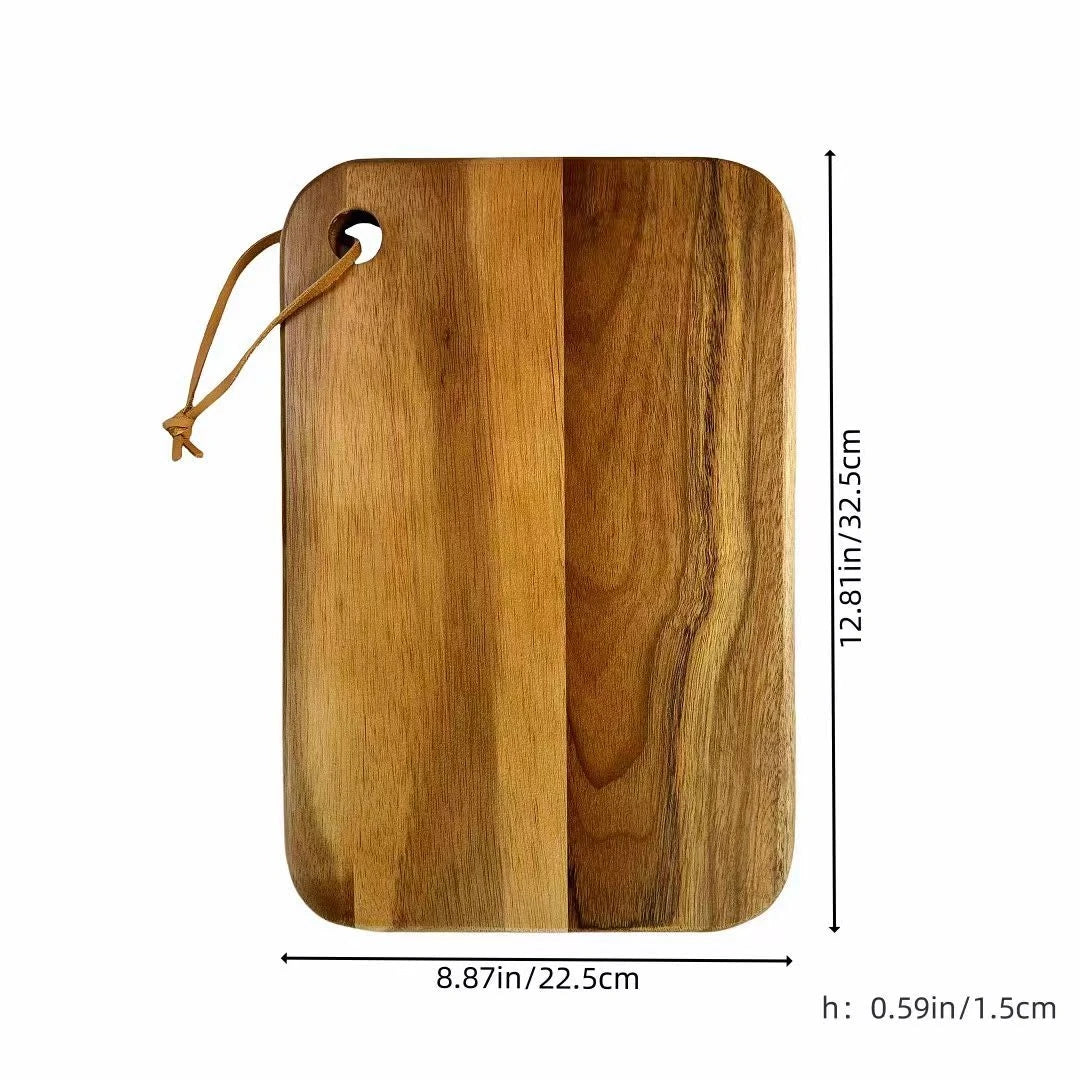 Wooden cutting board with dimensions on a white background
