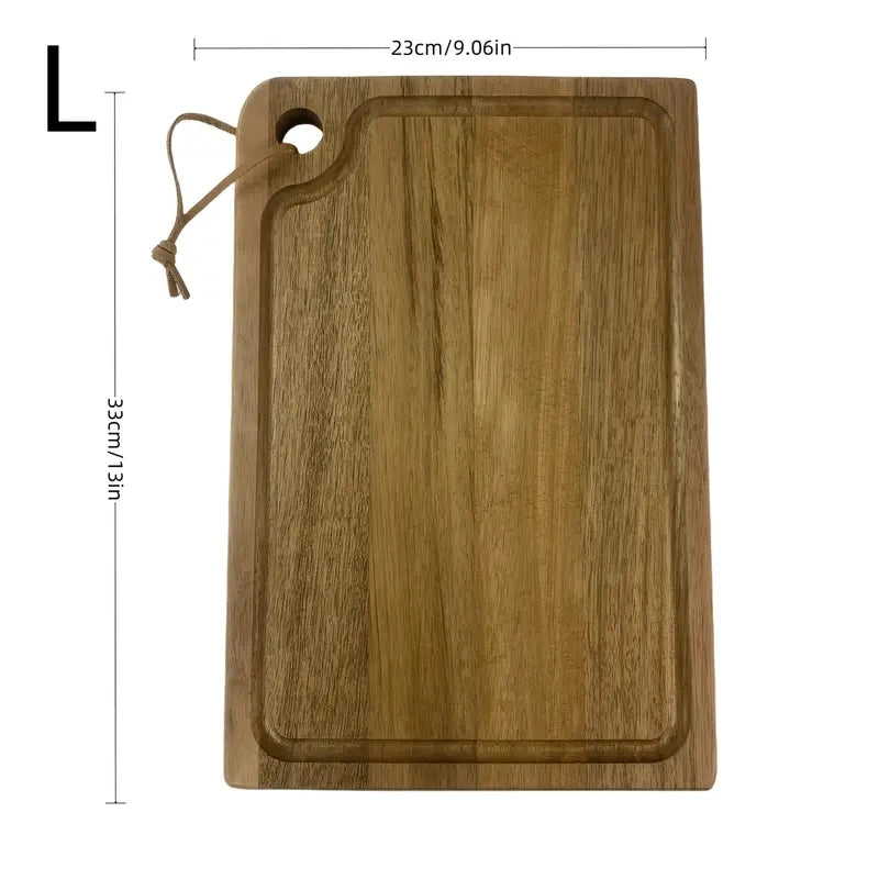 Wooden cutting board with dimensions on a white background