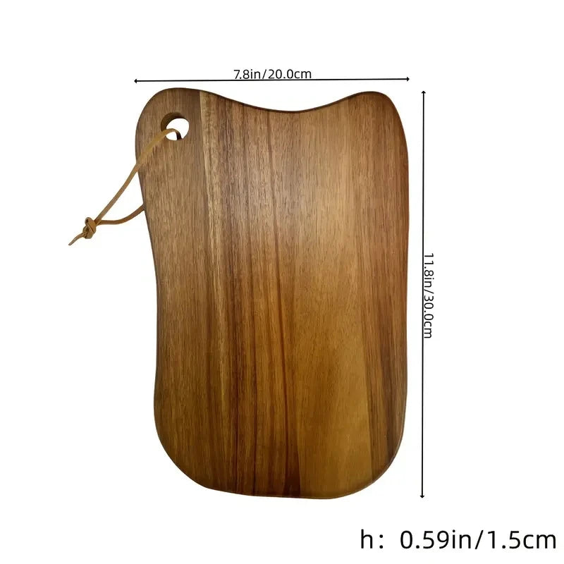 Wooden cutting board with dimensions on a white background