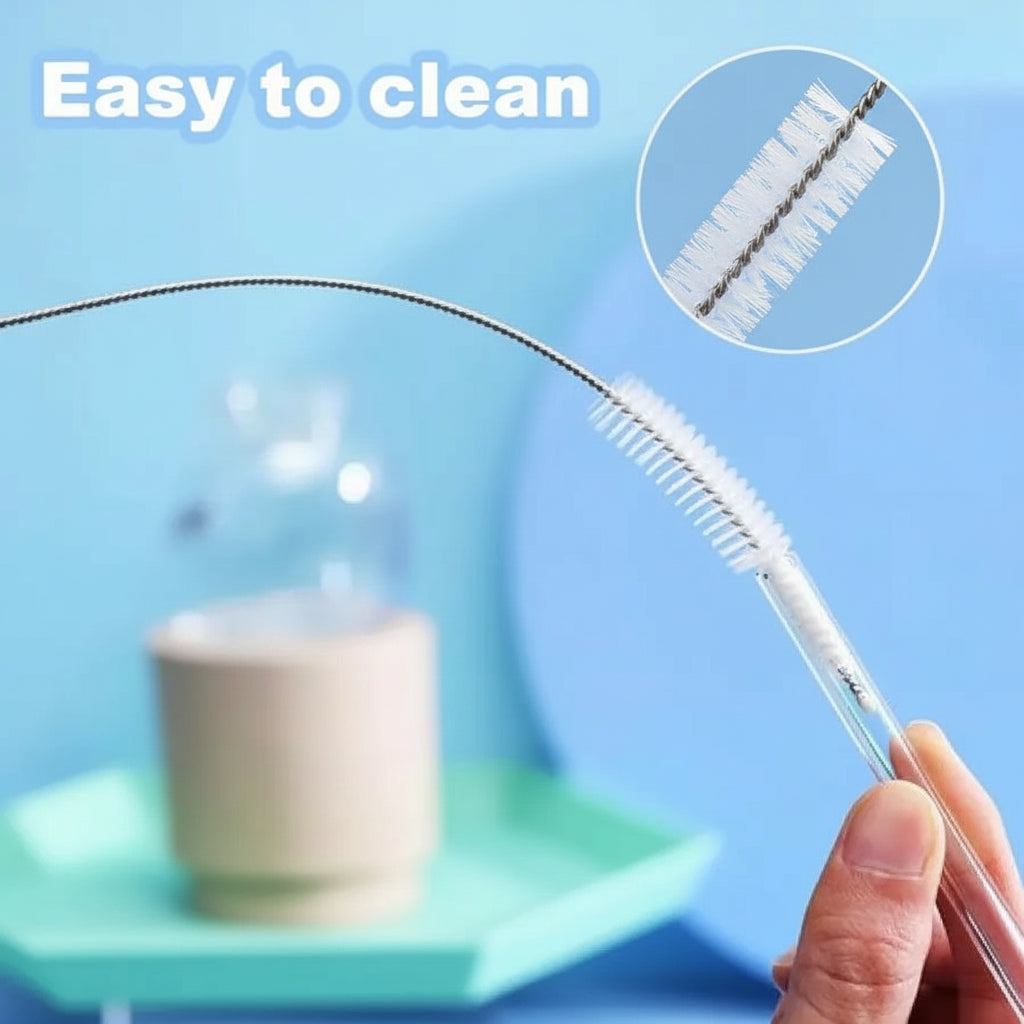 Clear straw with cleaning brush, labeled 'Easy to clean', against a blue background.