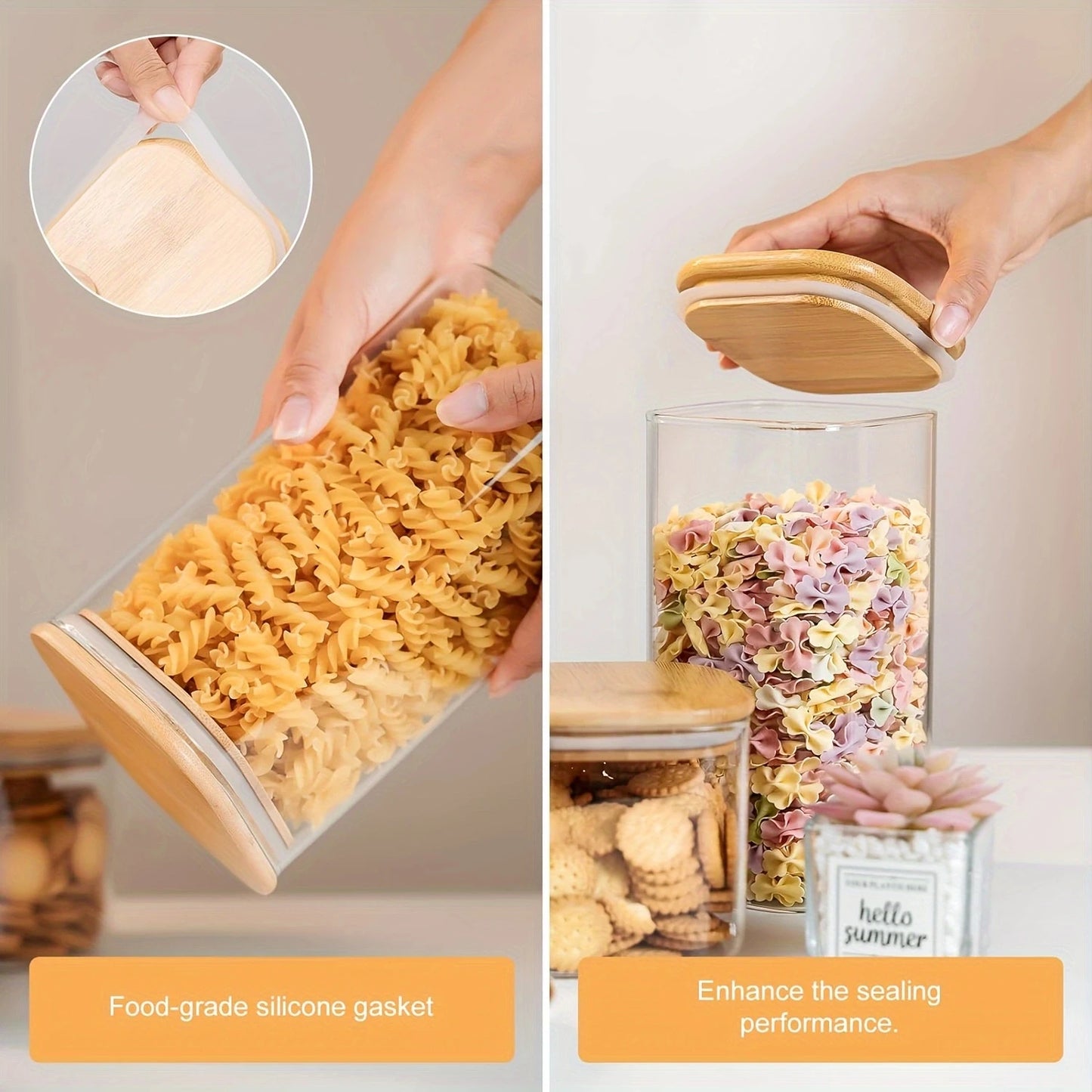 Stackable glass food storage jars with bamboo lids, sealed, transparent square containers for kitchen pantry and counter organization.