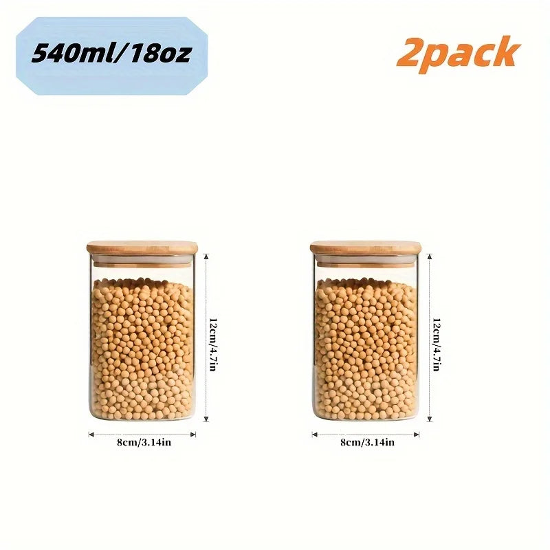 Stackable glass food storage jars with bamboo lids, sealed, transparent square containers for kitchen pantry and counter organization.