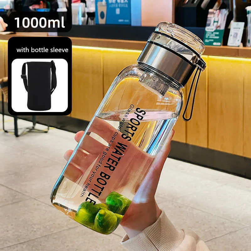 1-liter glass water bottle with cloth sleeve and tea infuser, ideal for outdoor or office use