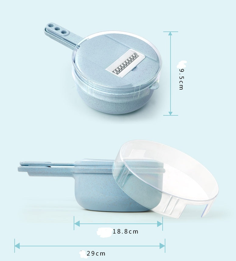 Light blue measuring cup with lid and dimensions on a light blue background