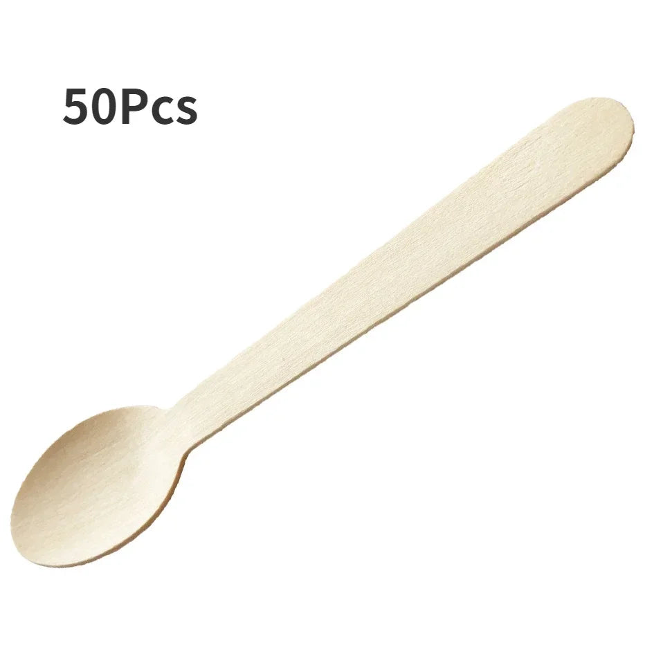 EcoNest Kitchen Biodegradable Bamboo Wooden Cutlery Set - 50pcs Disposable Knives, Forks, Spoons