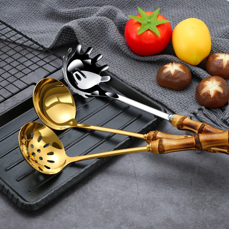EcoNest Kitchen Bamboo Handle Stainless Steel Colander Spoon for noodles and soup