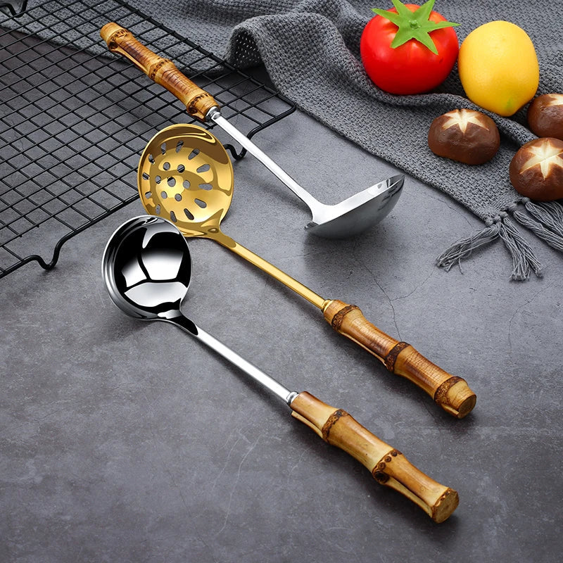 EcoNest Kitchen Bamboo Handle Stainless Steel Colander Spoon for noodles and soup